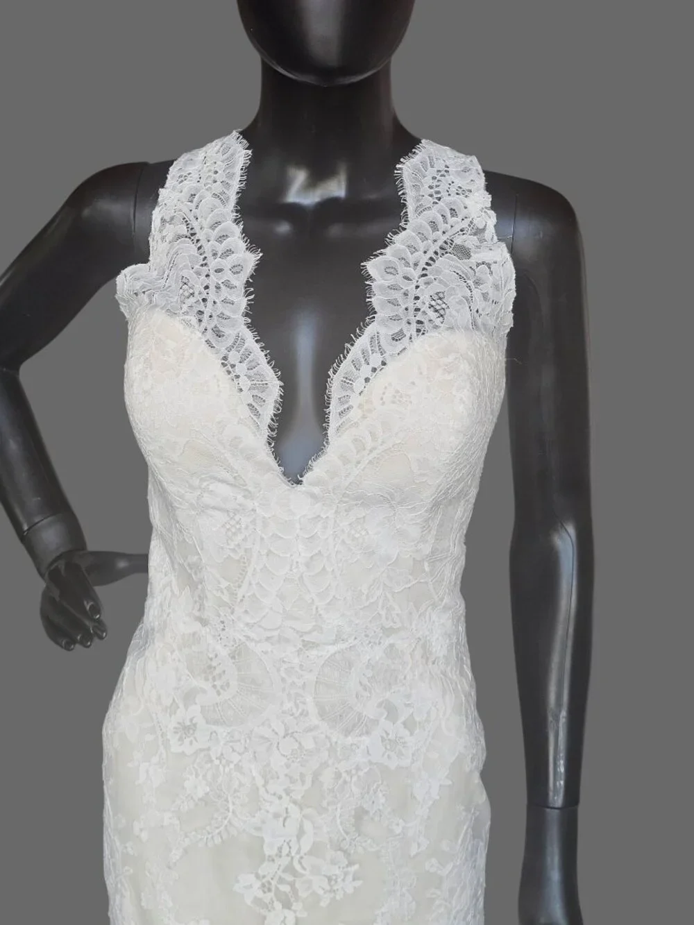 NEW Nude/Ivory Full Lace Racerback V-Neck Fit/Flare Wedding Gown - San Patrick - Picture 4 of 11